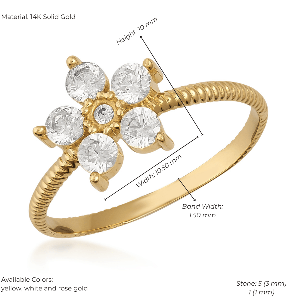 14K gold flower ring with five round gemstones, textured band, floral cluster design