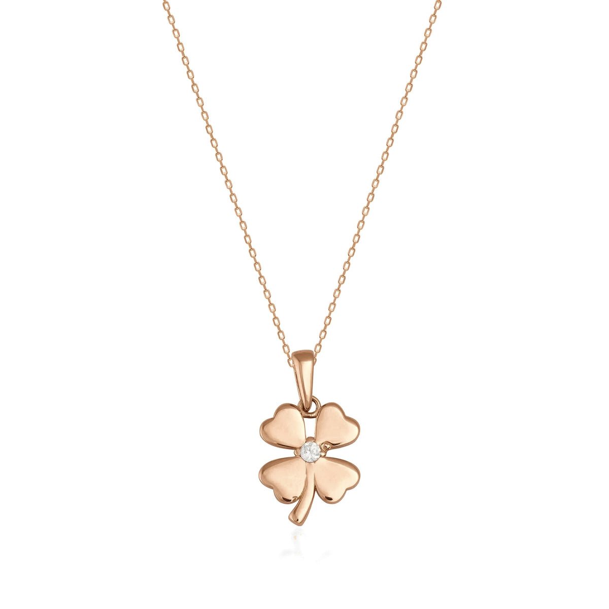 14K gold four-leaf clover pendant necklace with central cubic zirconia on fine gold chain