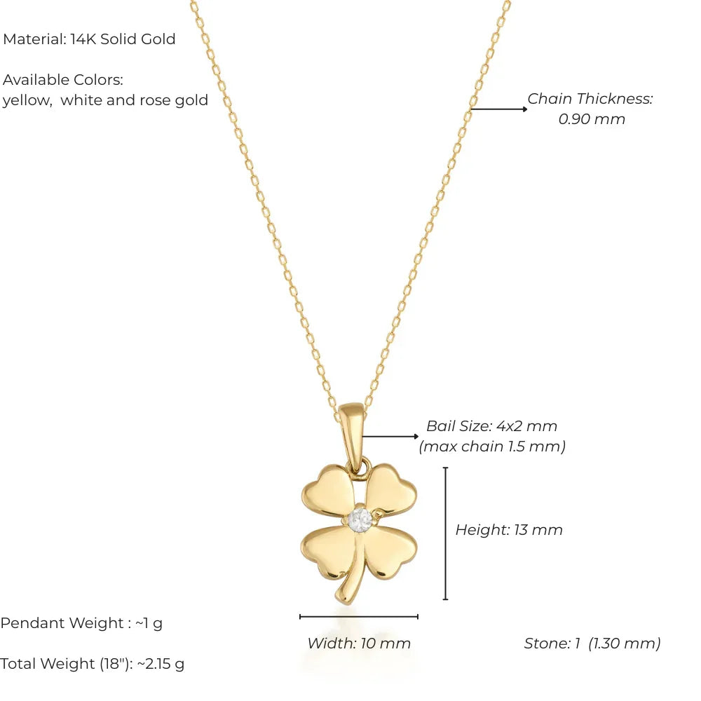 Gold four-leaf clover pendant with chain on a white background, showing material details and dimensions.