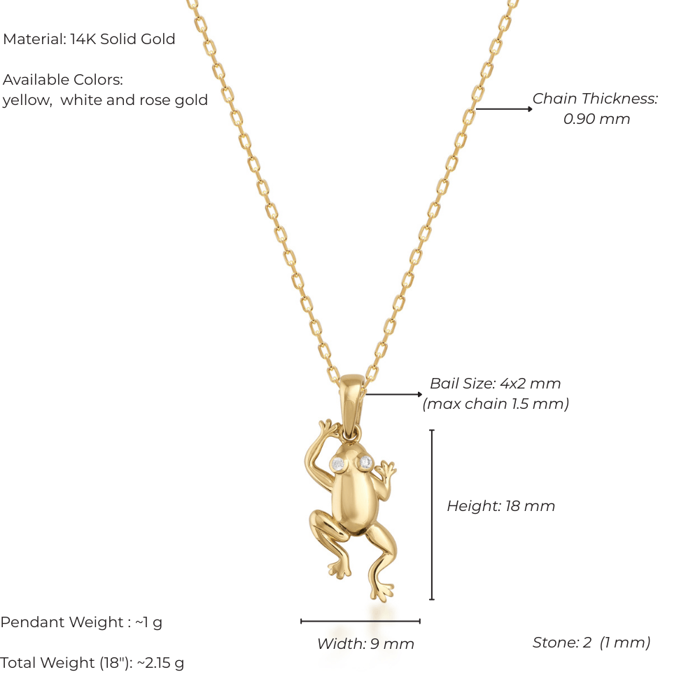 14K gold frog pendant necklace with chain, gemstone eyes, and measurement details.