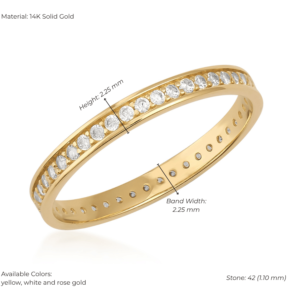 14K solid gold eternity ring with round white stones, 2.25 mm band, elegant jewelry