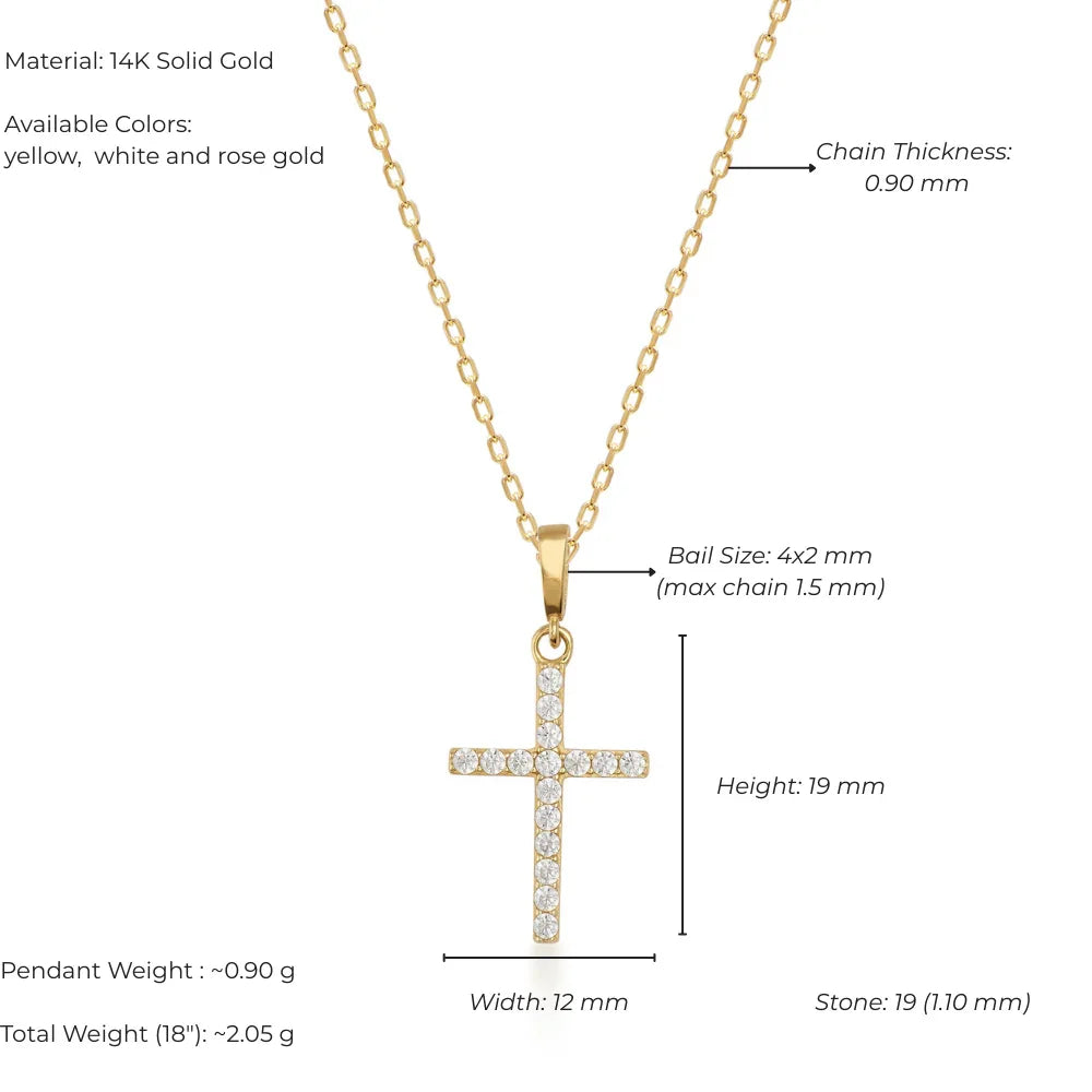 Gold cross pendant with chain, showing material, color options, dimensions, and weight.