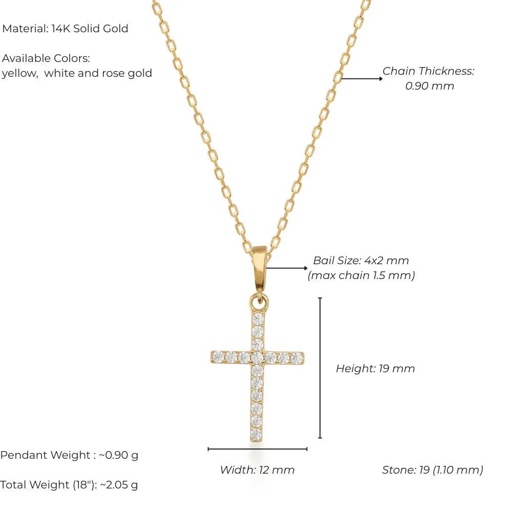 14K gold cross necklace with gemstone pendant, diamond accents, and chain sizing details