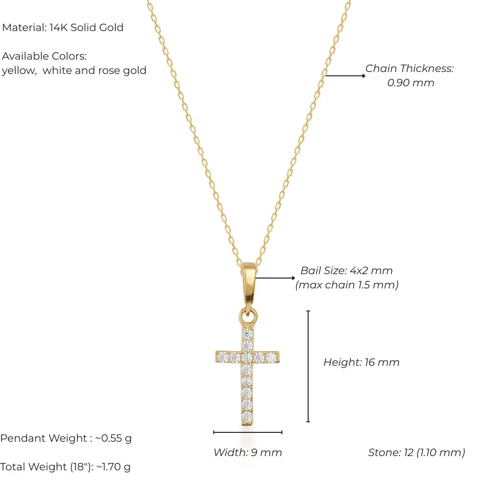 Gold cross pendant with chain details on a white background