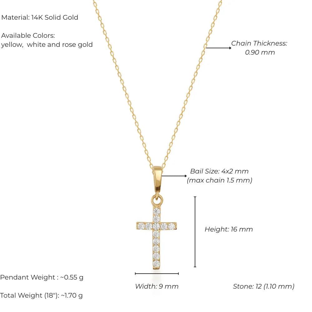 14K gold necklace with a small gemstone cross pendant, detailed measurements and specs shown.