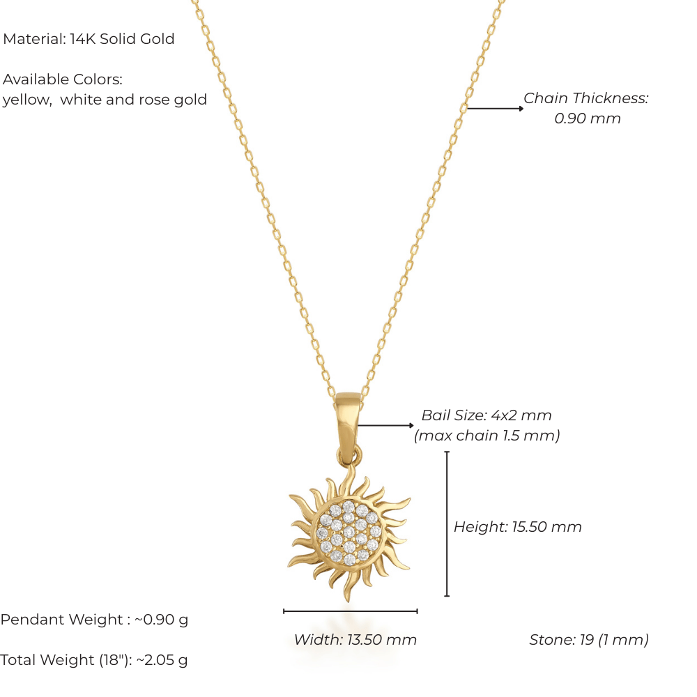14K gold sun pendant necklace with diamond-like gemstones on a fine gold chain, jewelry product photography