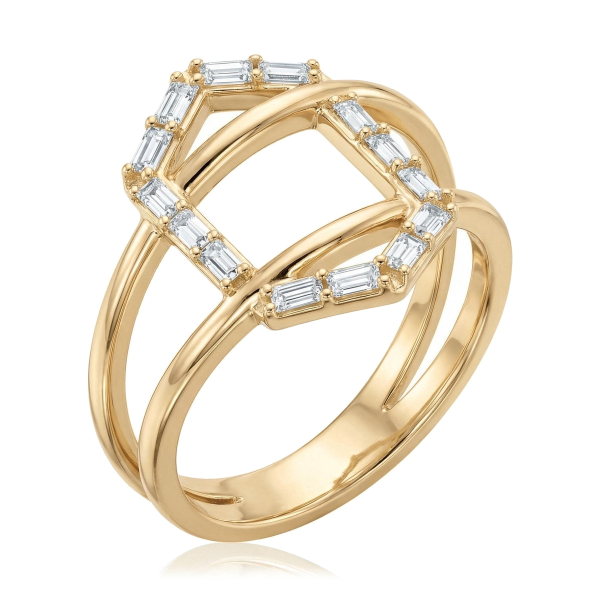 14K yellow gold criss cross ring with a geometric frame of baguette CZ over a double band, on white
