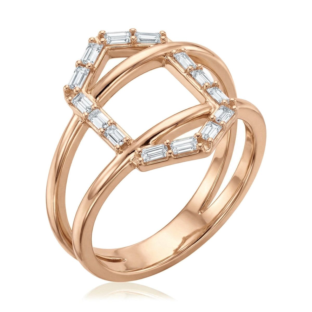 14K rose gold criss cross ring with a geometric frame of baguette CZ over a double band, on white