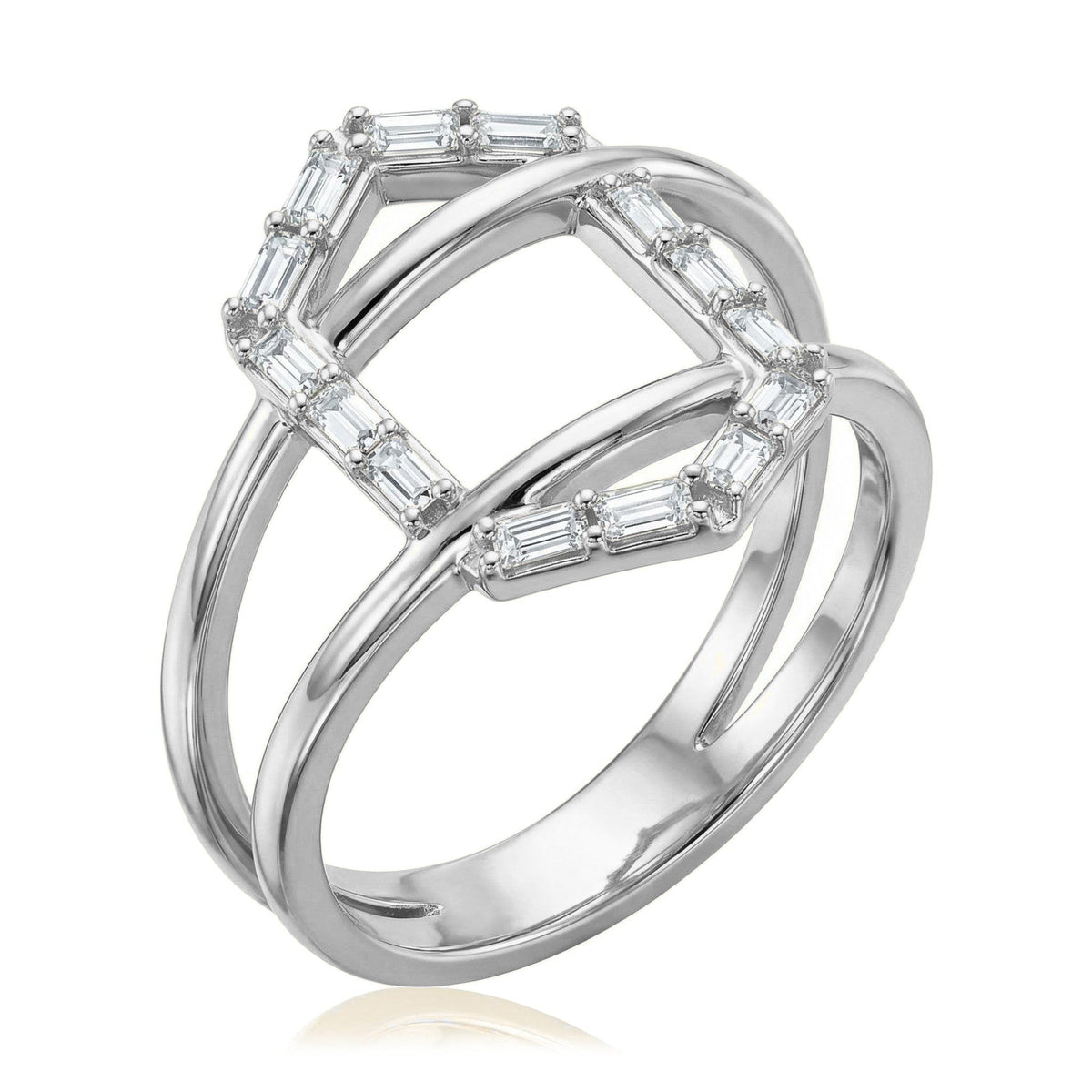 14K white gold criss cross ring with a geometric frame of baguette CZ over a double band, on white