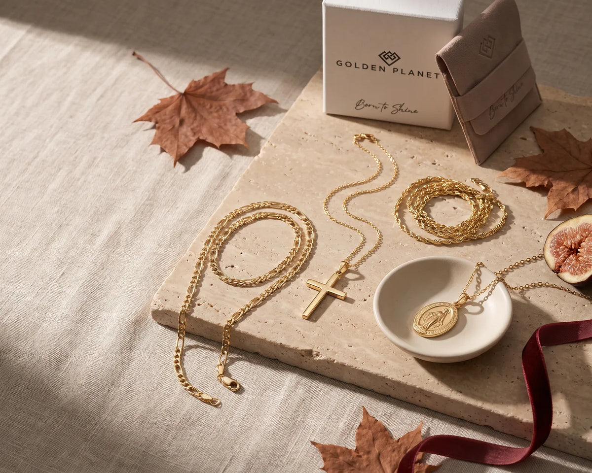 14K gold Figaro and Singapore chains, cross necklace and Miraculous Medal necklace with Golden Planet gift box and pouch