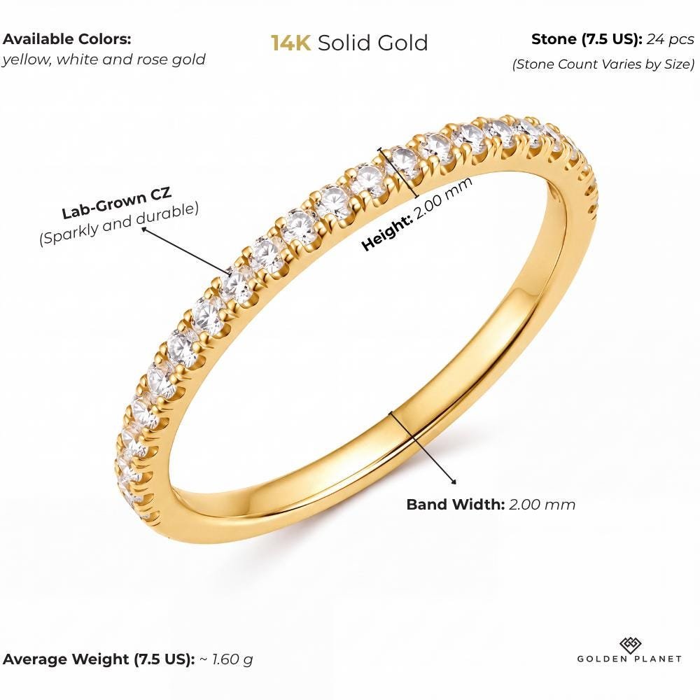 Product info graphic for 14K gold half eternity ring, showing stones, available colors, band width, height, average weight