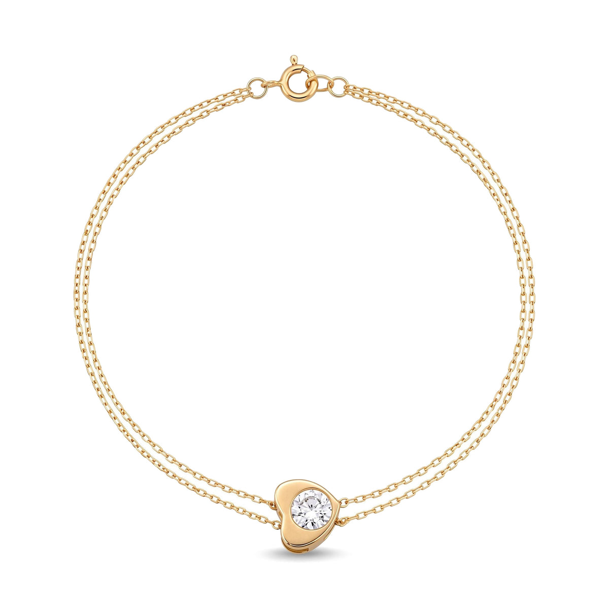 14K yellow gold heart bracelet, double cable chain with a clear stone heart charm, full circle on white