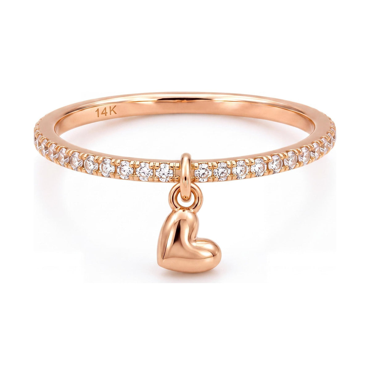 14K rose gold heart charm ring, clear stone band with a dangling puffed heart, front view on white