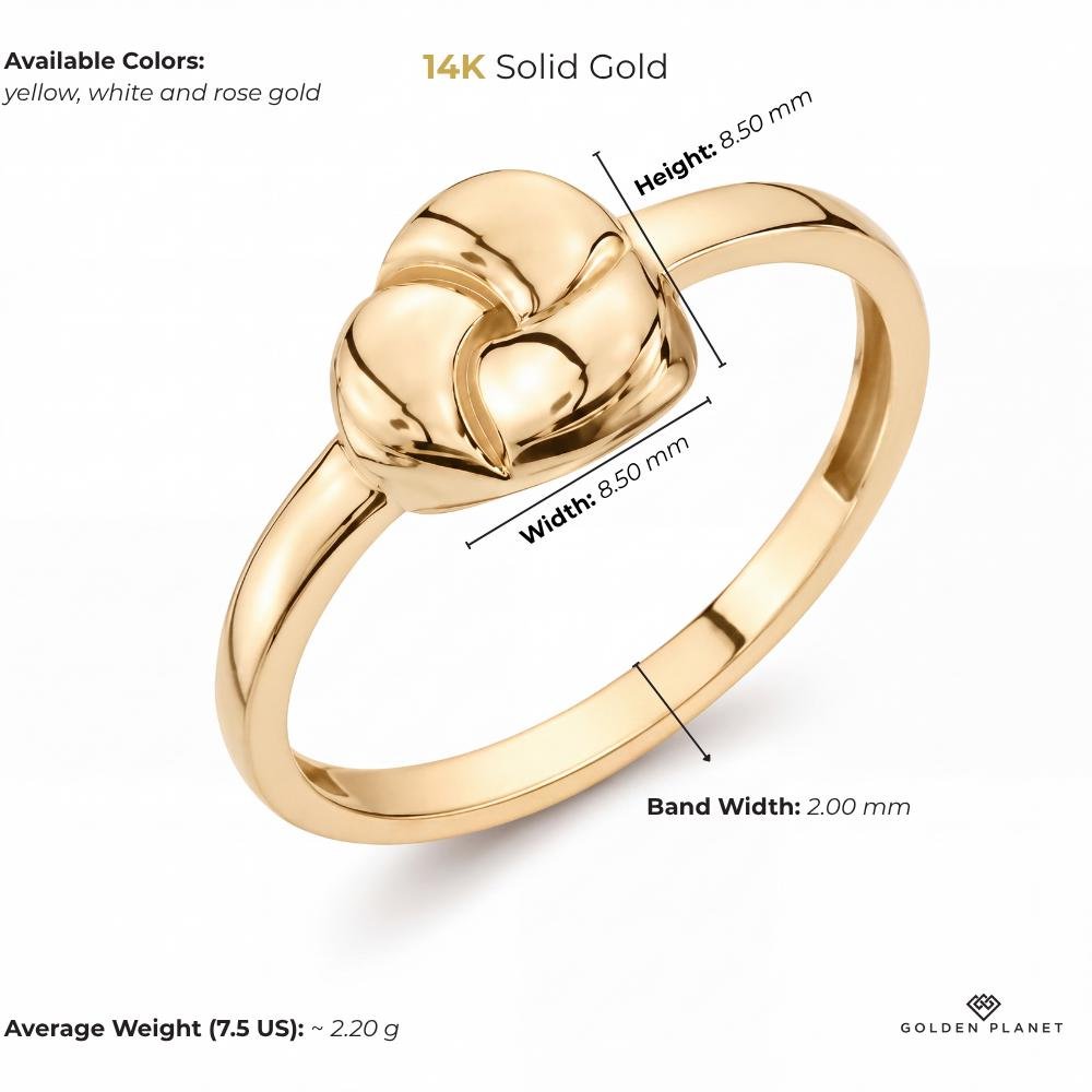 Size chart for the 14K gold heart dome ring showing available colors, band width, top size, average weight