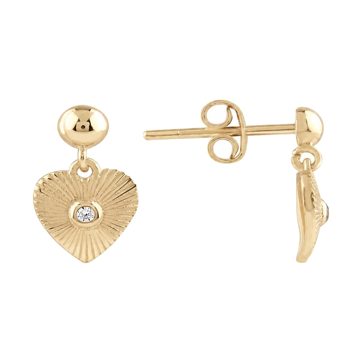 14K yellow gold heart drop stud earrings with round cubic zirconia, front view and side view with butterfly back