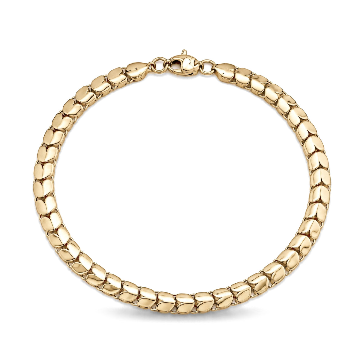 14K yellow gold heart link bracelet on white