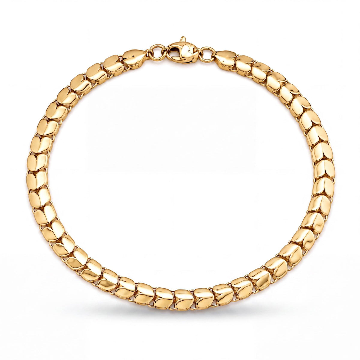 14K yellow gold heart link bracelet on white