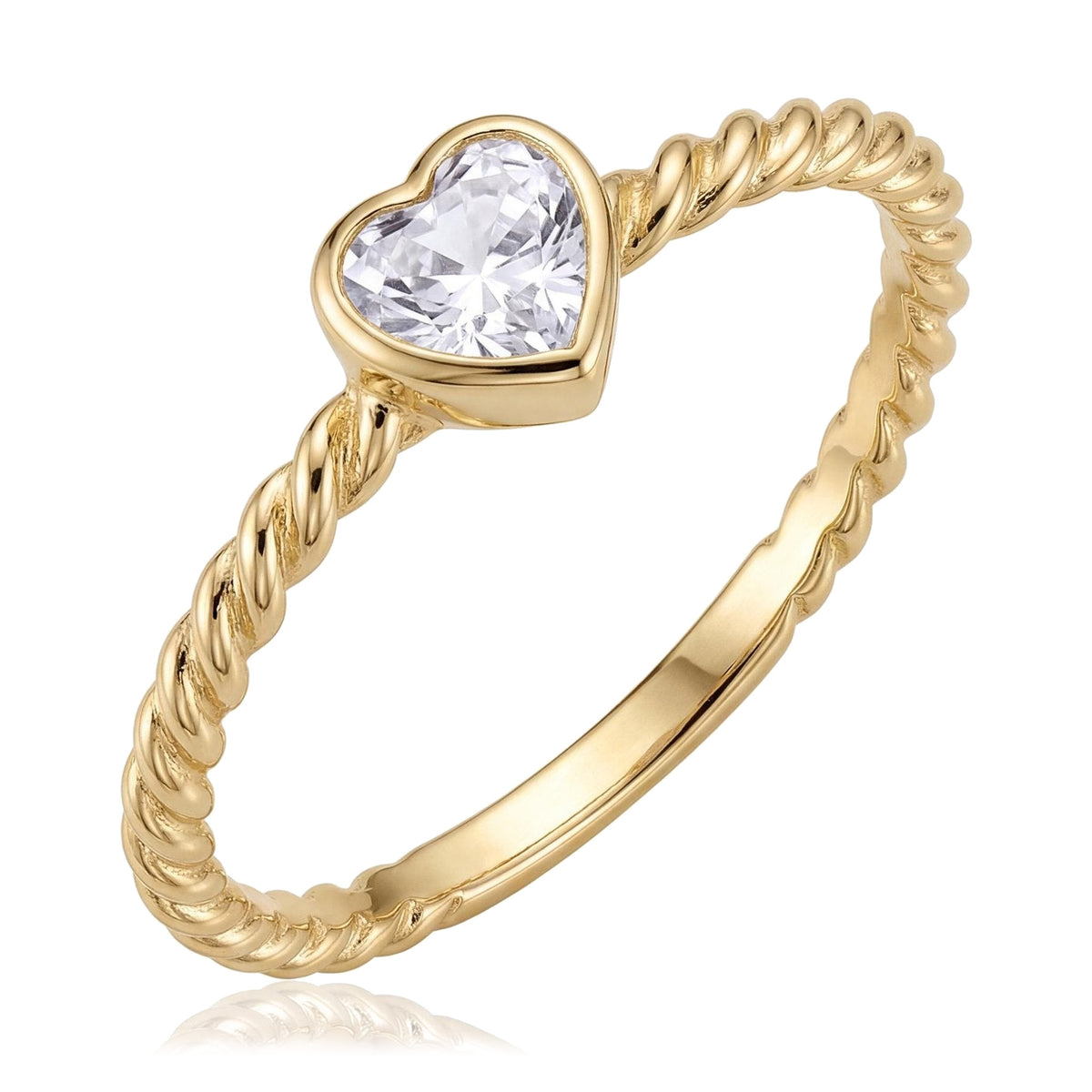 14K yellow gold heart shape engagement ring, bezel-set heart stone on a twisted rope band, on white