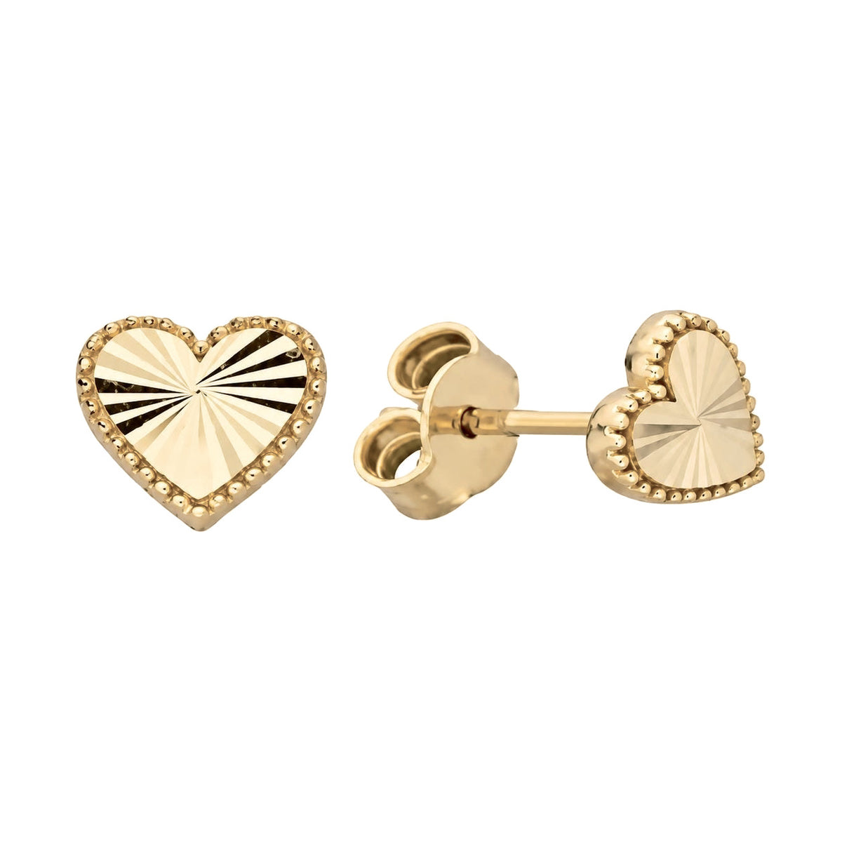 Yellow 14K gold heart stud earrings with ray-cut texture and beaded edge, front and side view with push backs