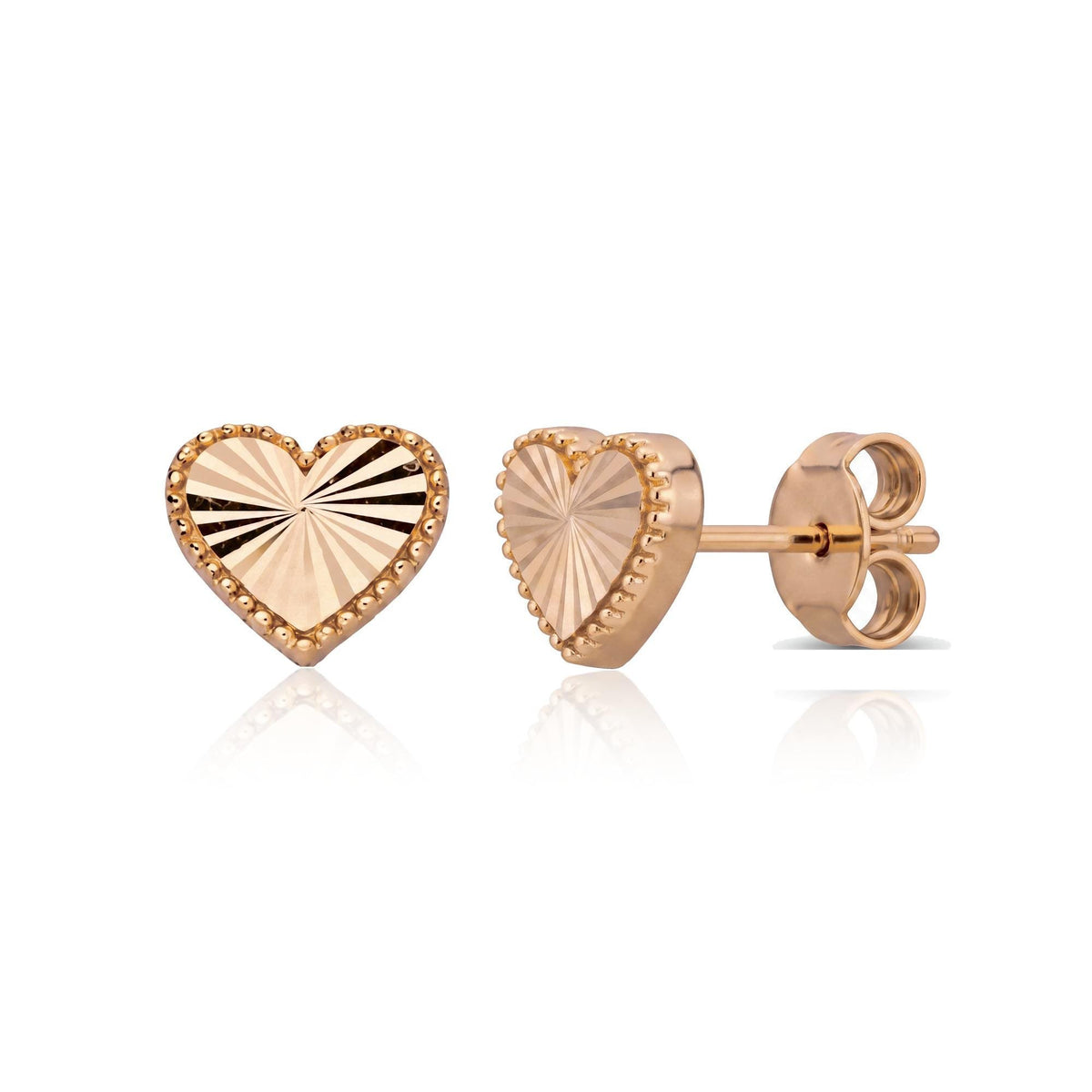 Rose 14K gold heart stud earrings with beaded edge and ray-cut face, front and side view on white