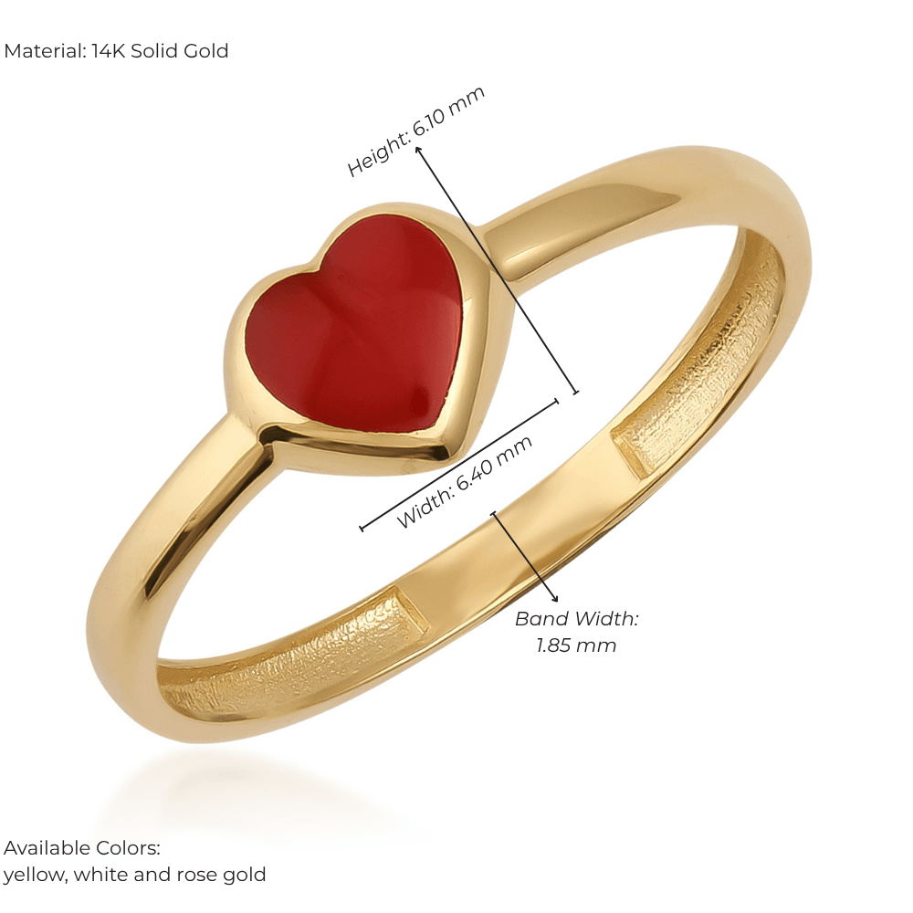14K gold ring with red heart-shaped enamel center, minimalist style, size dimensions shown