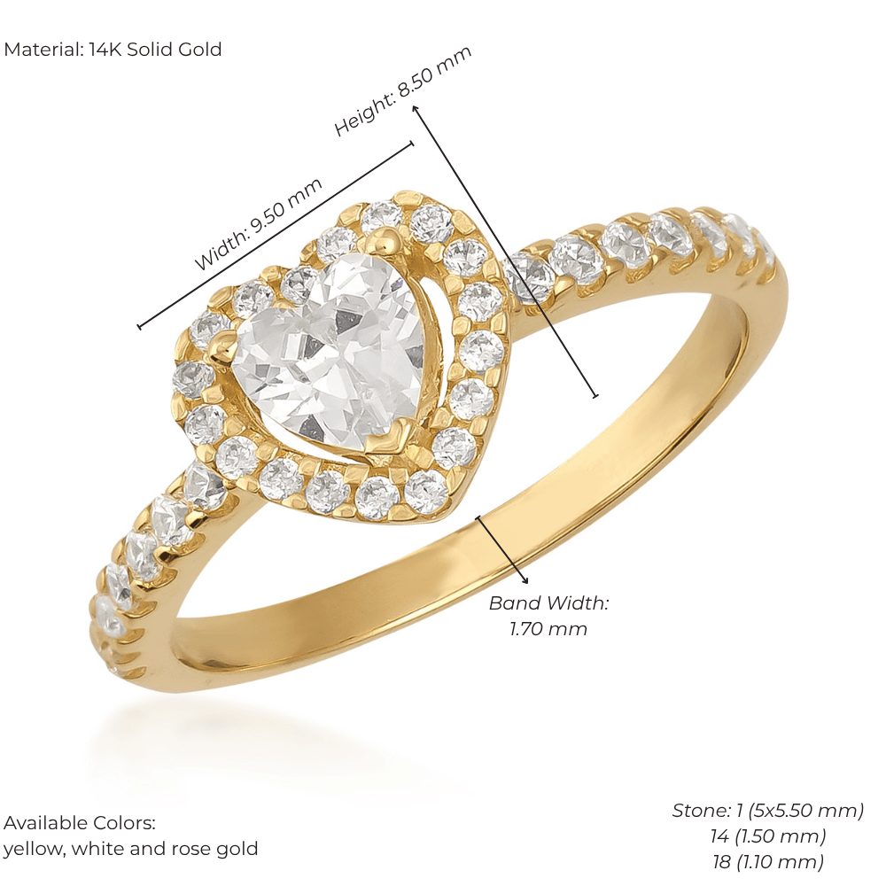 14K solid gold heart-shaped ring with clear center stone and diamond accents, yellow gold band.