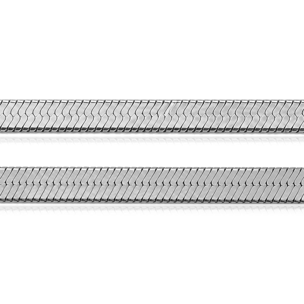 Close-up of 14K white gold herringbone chain in two widths, laid flat on a white background