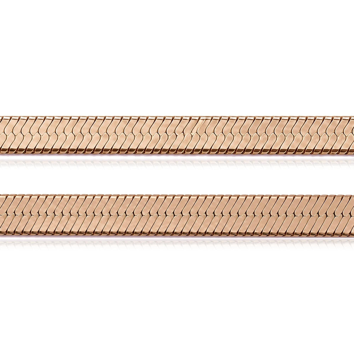 Close-up of 14K rose gold herringbone chain in two widths, laid flat on a white background
