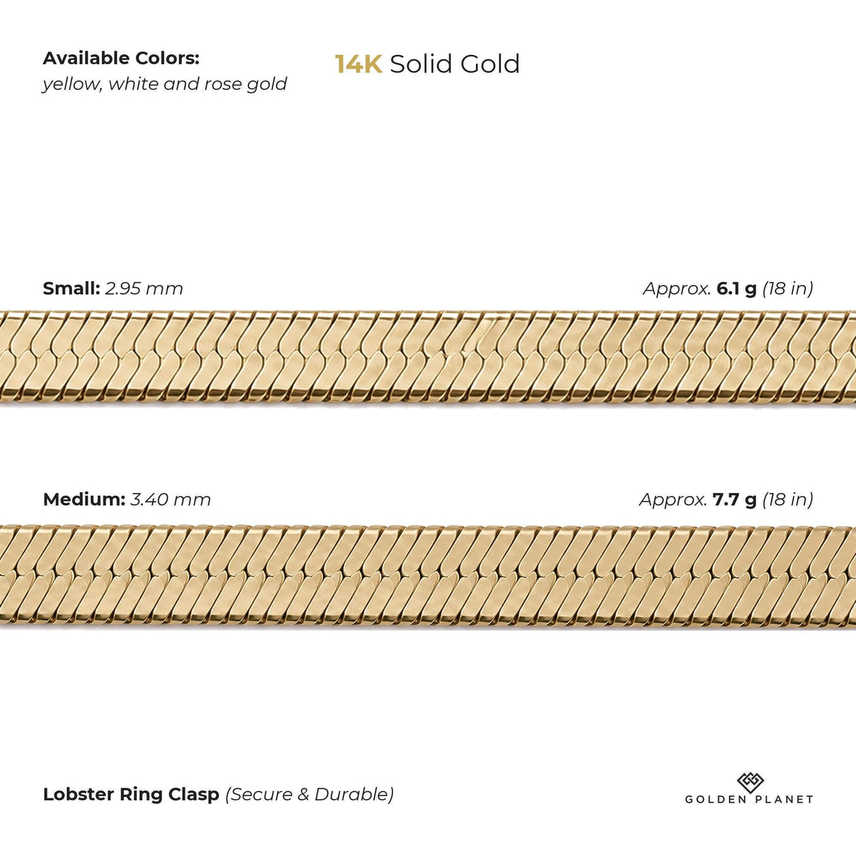 Size chart for the 14K gold herringbone chain necklace showing available colors, chain length, small width, medium width