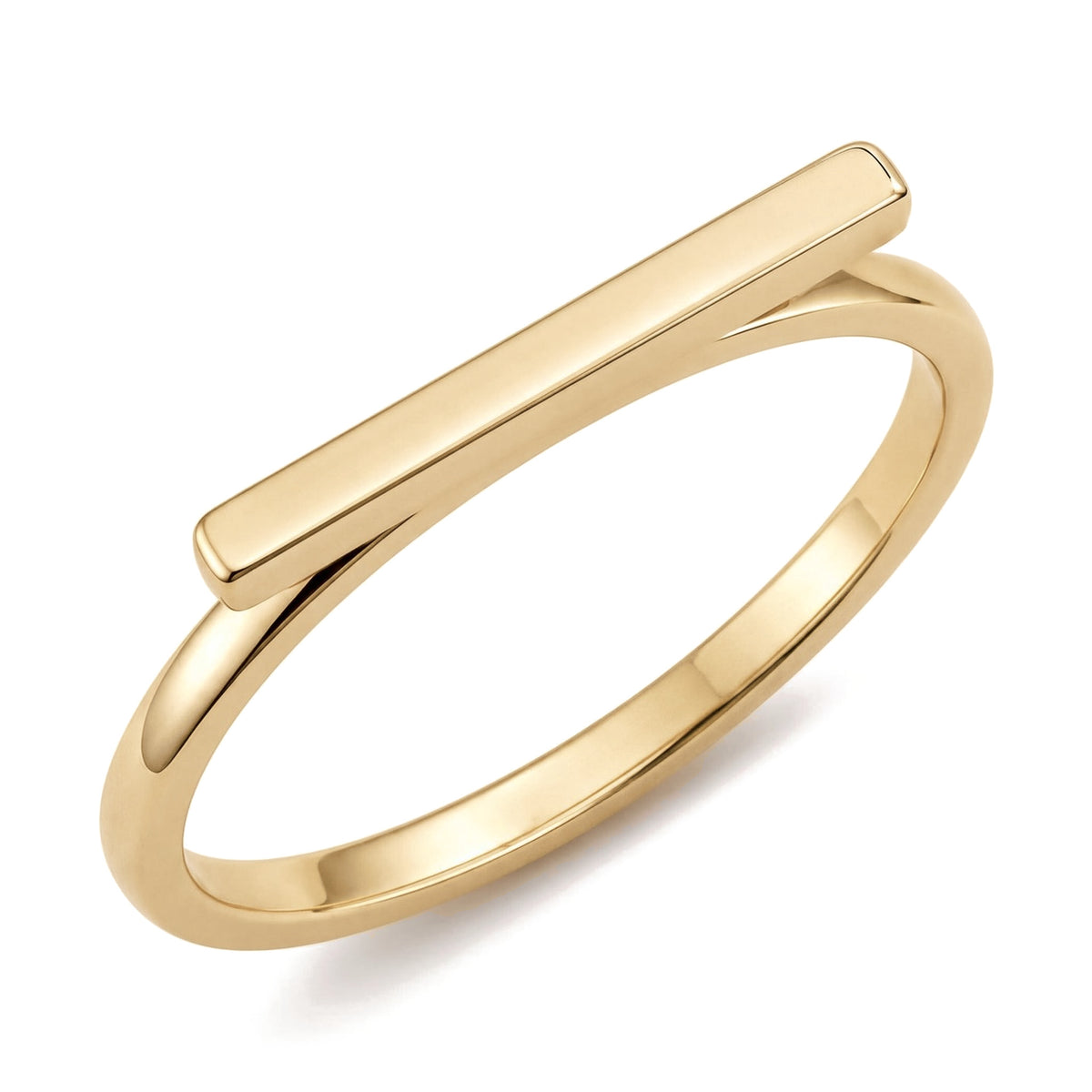 14K yellow gold horizontal bar ring flat lay on white background