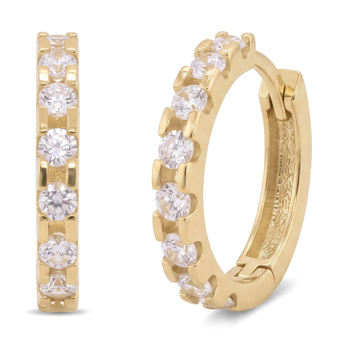 14K yellow gold huggie hoop earrings lined with clear stones, pair shown front and side on white