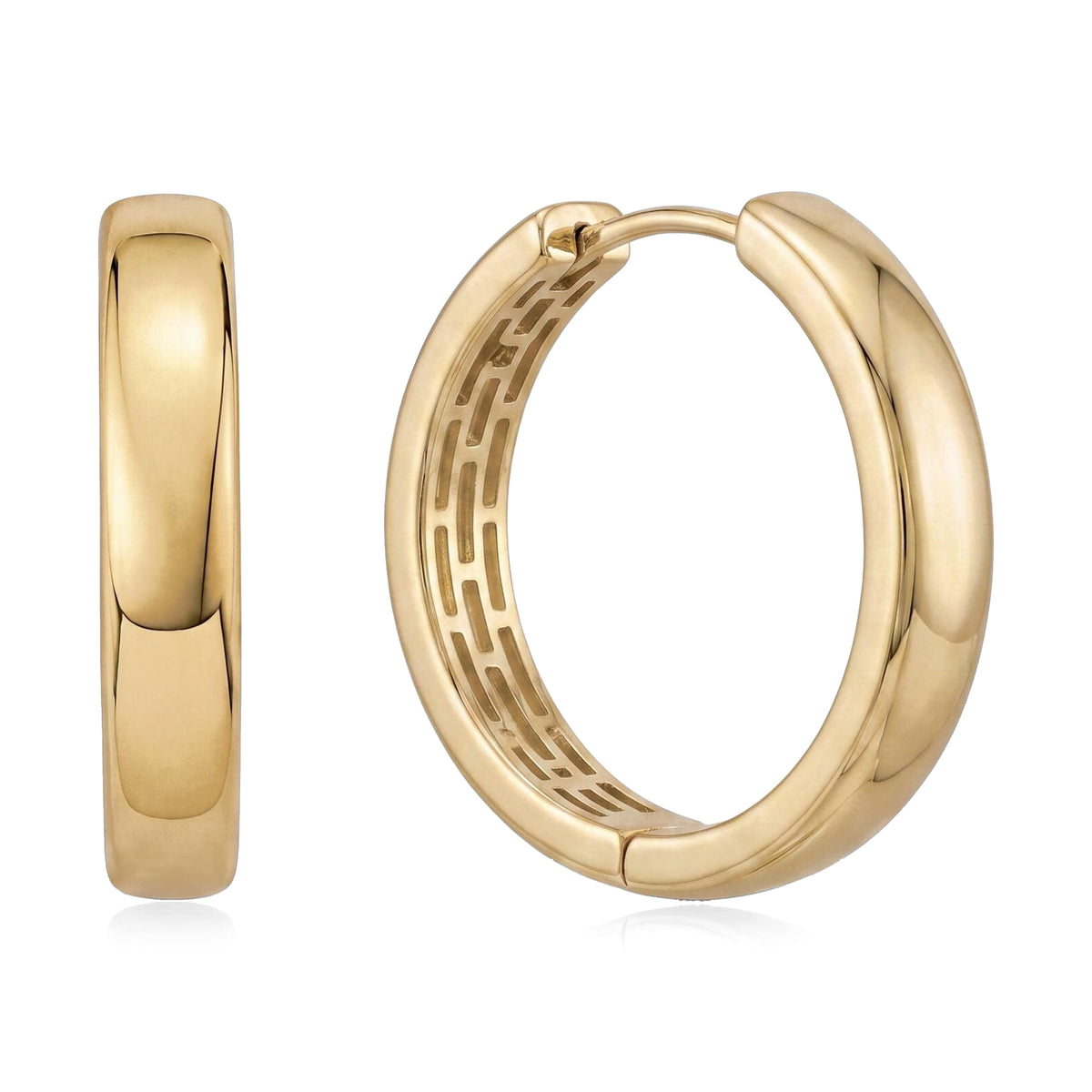 14K yellow gold huggie hoop earrings, front and side view of the pair on white