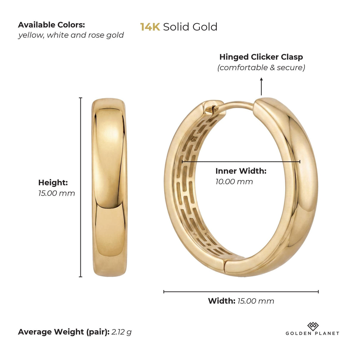 Size chart for the 14K gold huggie hoop earrings showing available colors, outer size, inner width, closure, average weight
