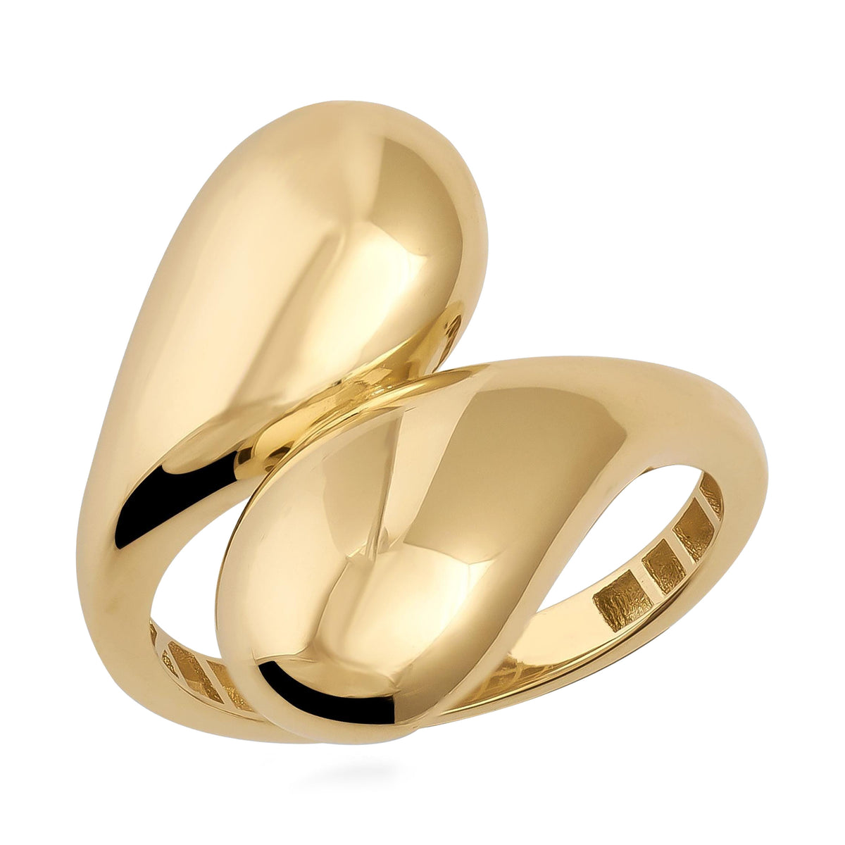 14K yellow gold double teardrop bypass ring, two polished domed teardrops wrapping past each other
