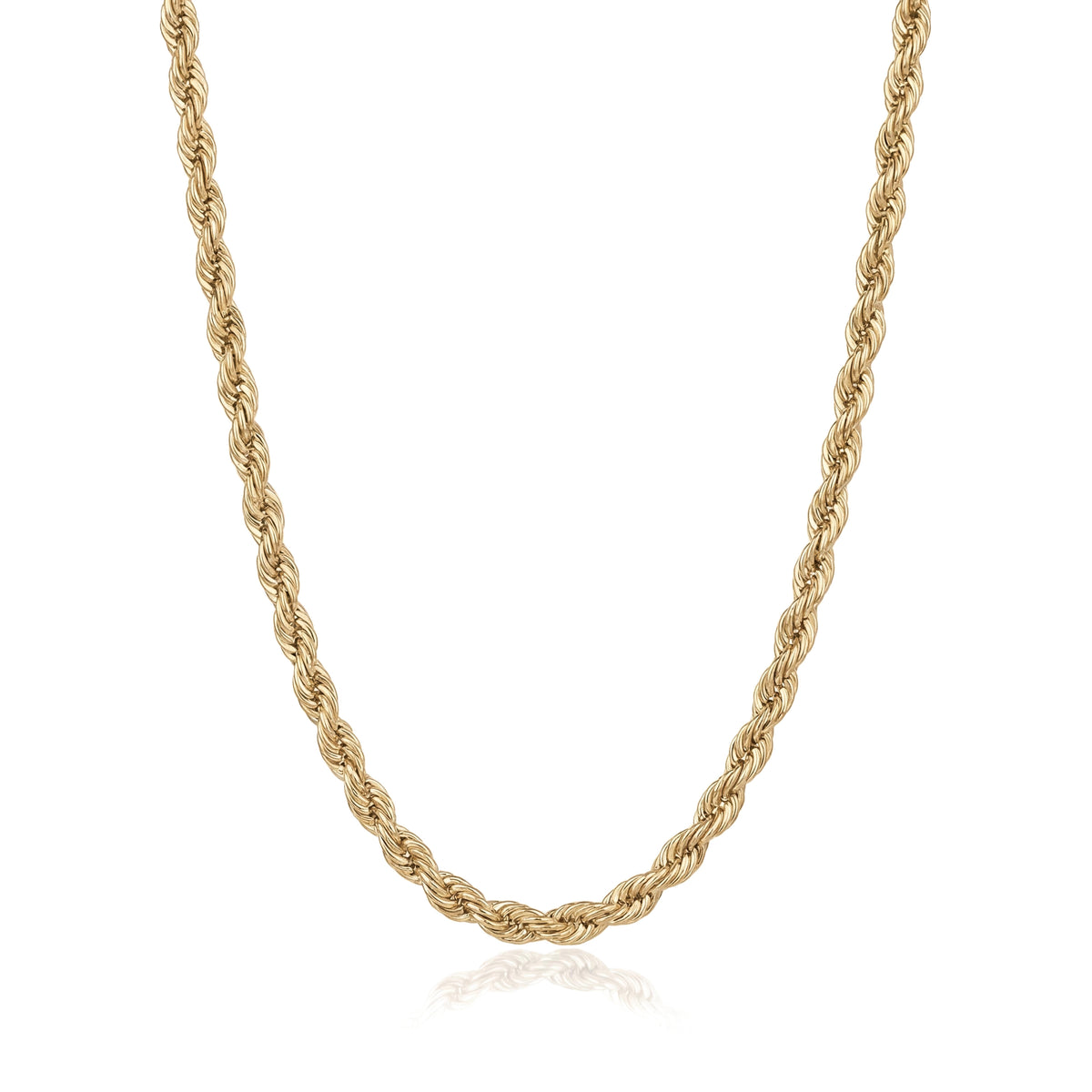 14K yellow gold rope chain necklace, tightly twisted rope links draped in a U shape on white