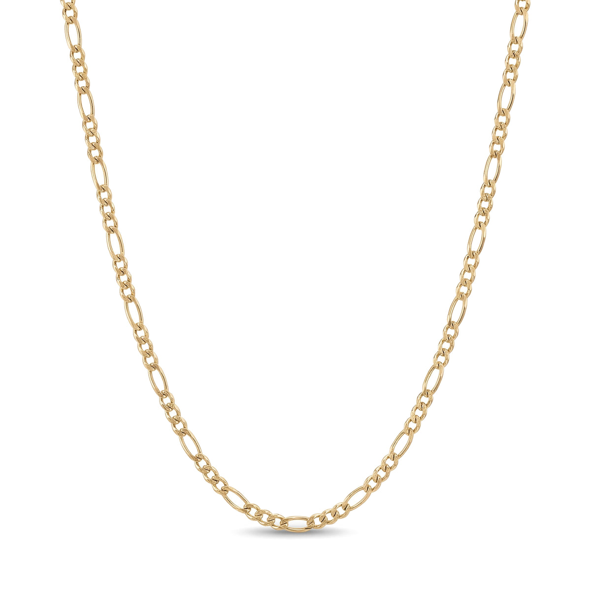 14K yellow gold figaro chain necklace, three short links and one long link pattern, draped on white