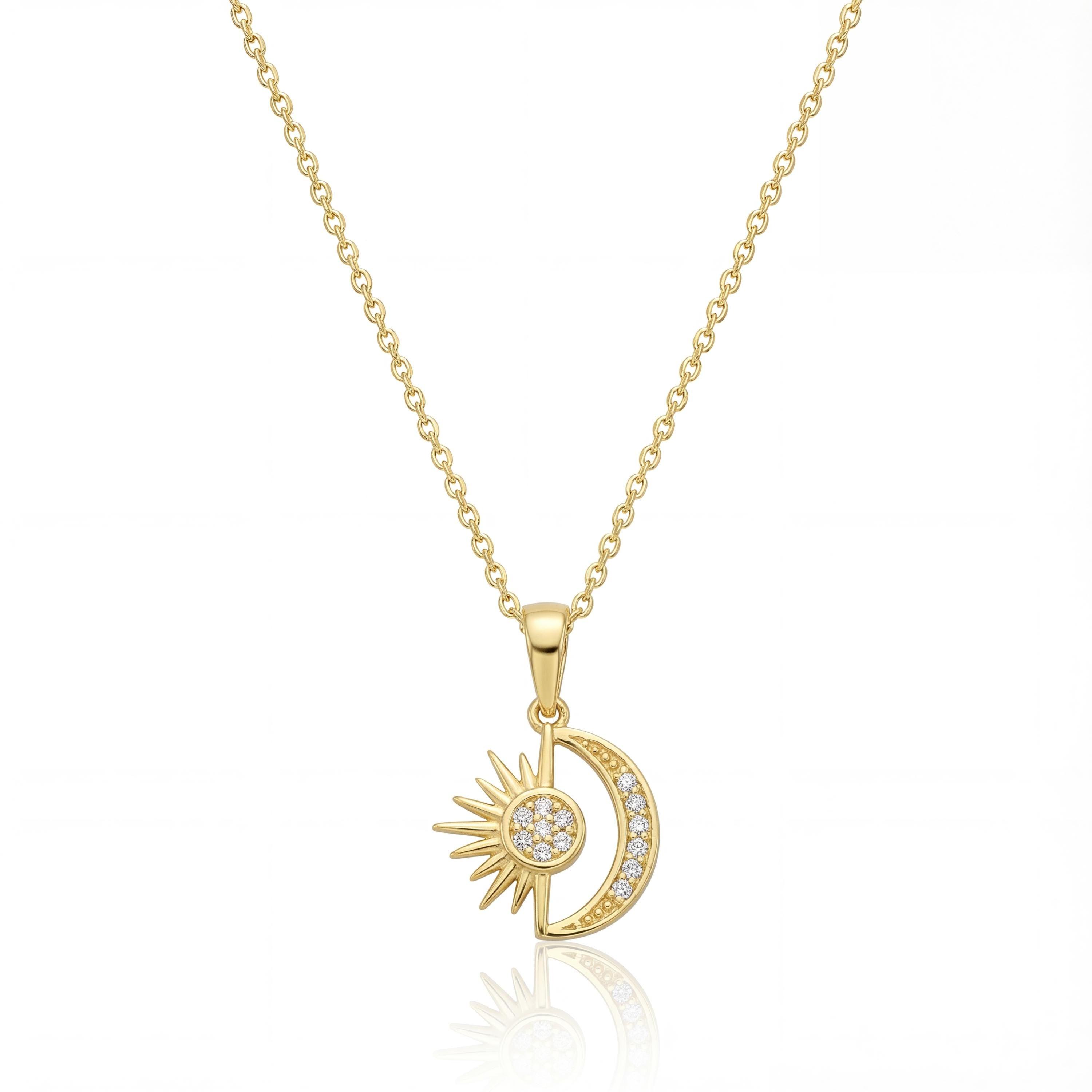 14K solid gold sun and moon pendant necklace with CZ stones, product photo