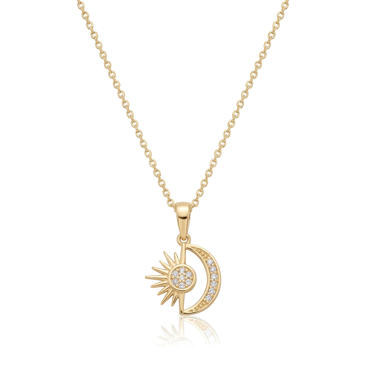 14K yellow gold sun and moon pendant necklace, half sun with rays joined to a CZ crescent moon