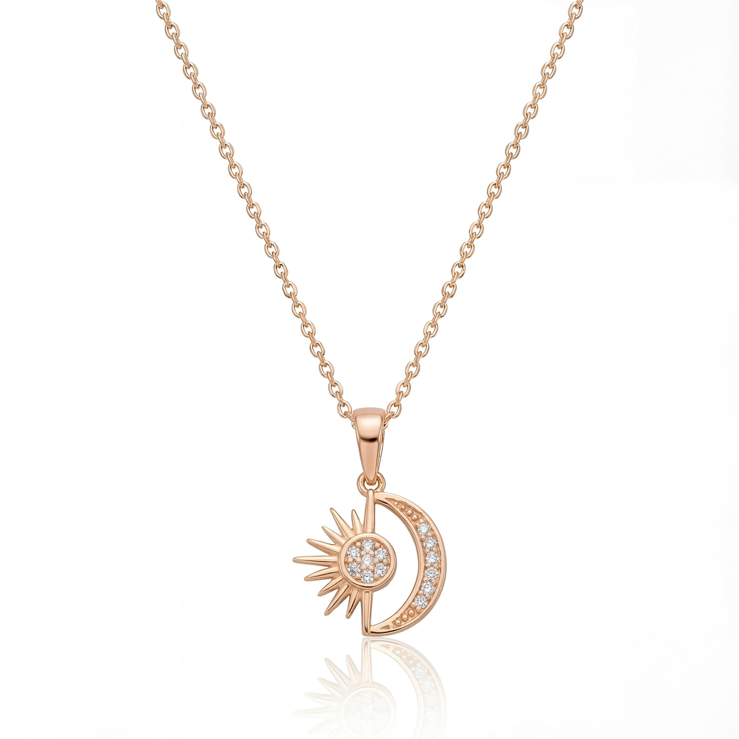 14K solid gold sun and moon pendant necklace, close-up detail