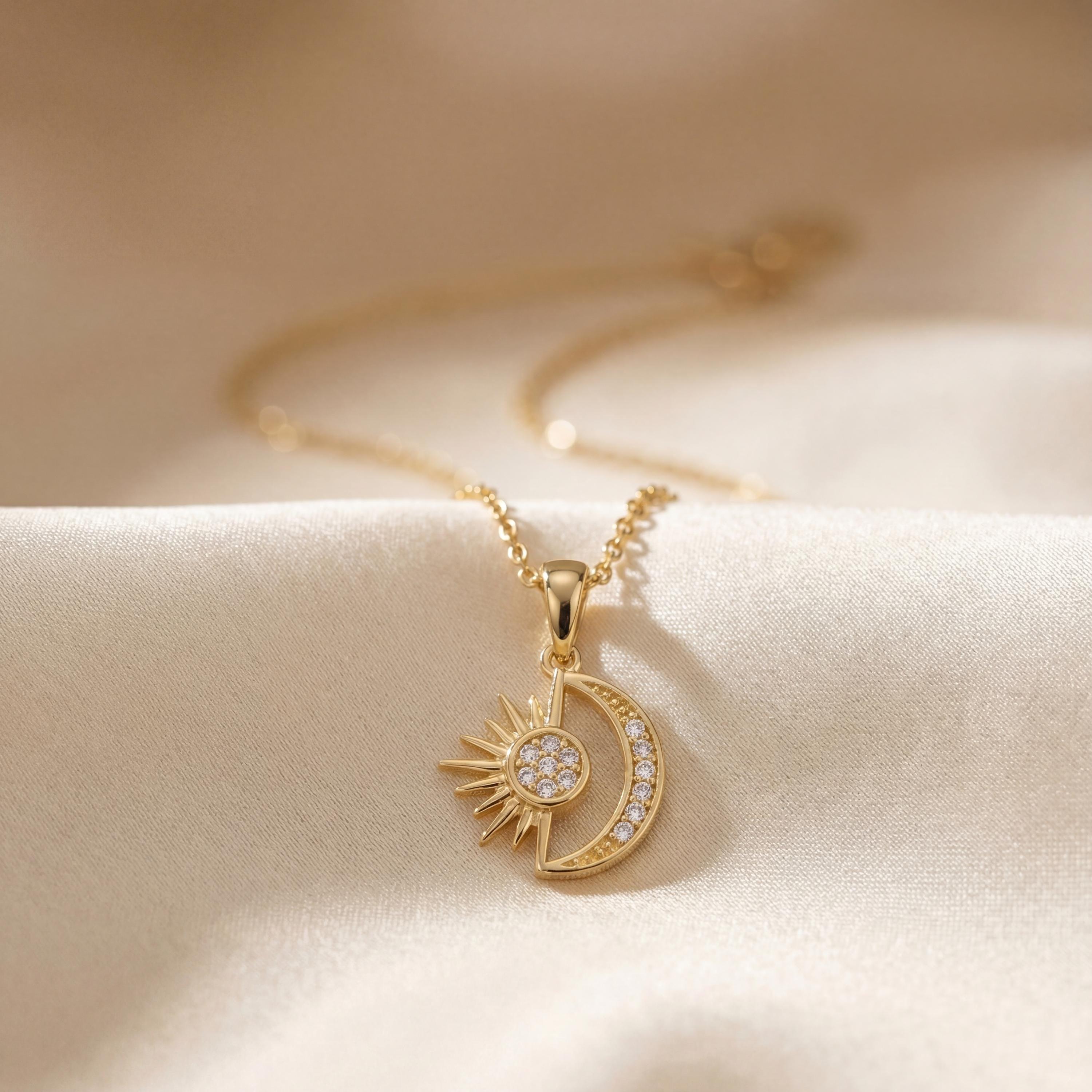 14K solid gold sun and moon pendant necklace worn