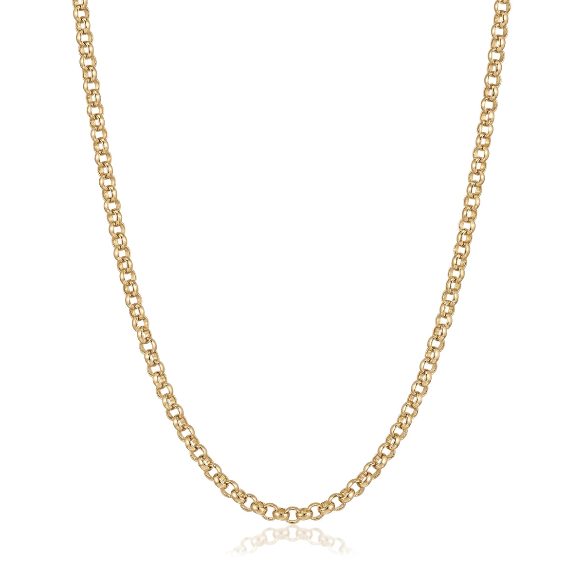 14K yellow gold rolo chain necklace, round interlocking links draped in a U shape on white