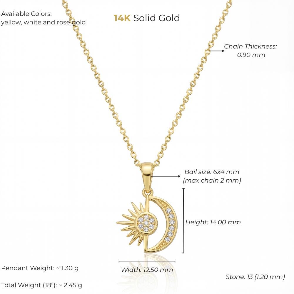 14K Solid Gold Sun and Moon Pendant Necklace with CZ Stones Minimal Charm