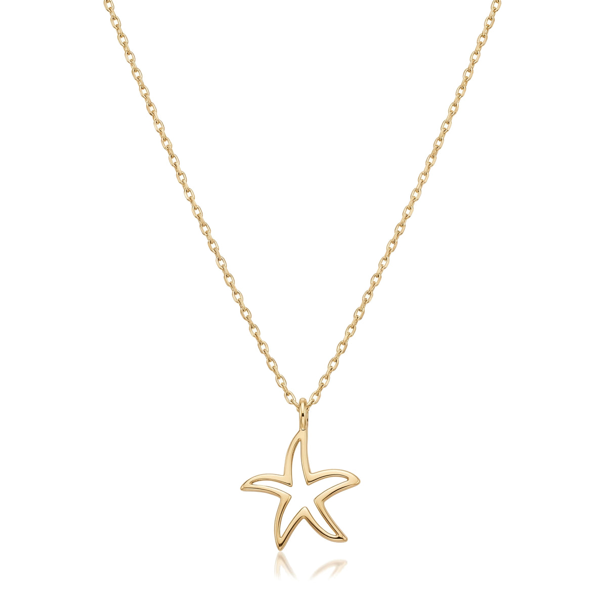 14K yellow gold starfish necklace, open outline starfish pendant on a fine cable chain, on white