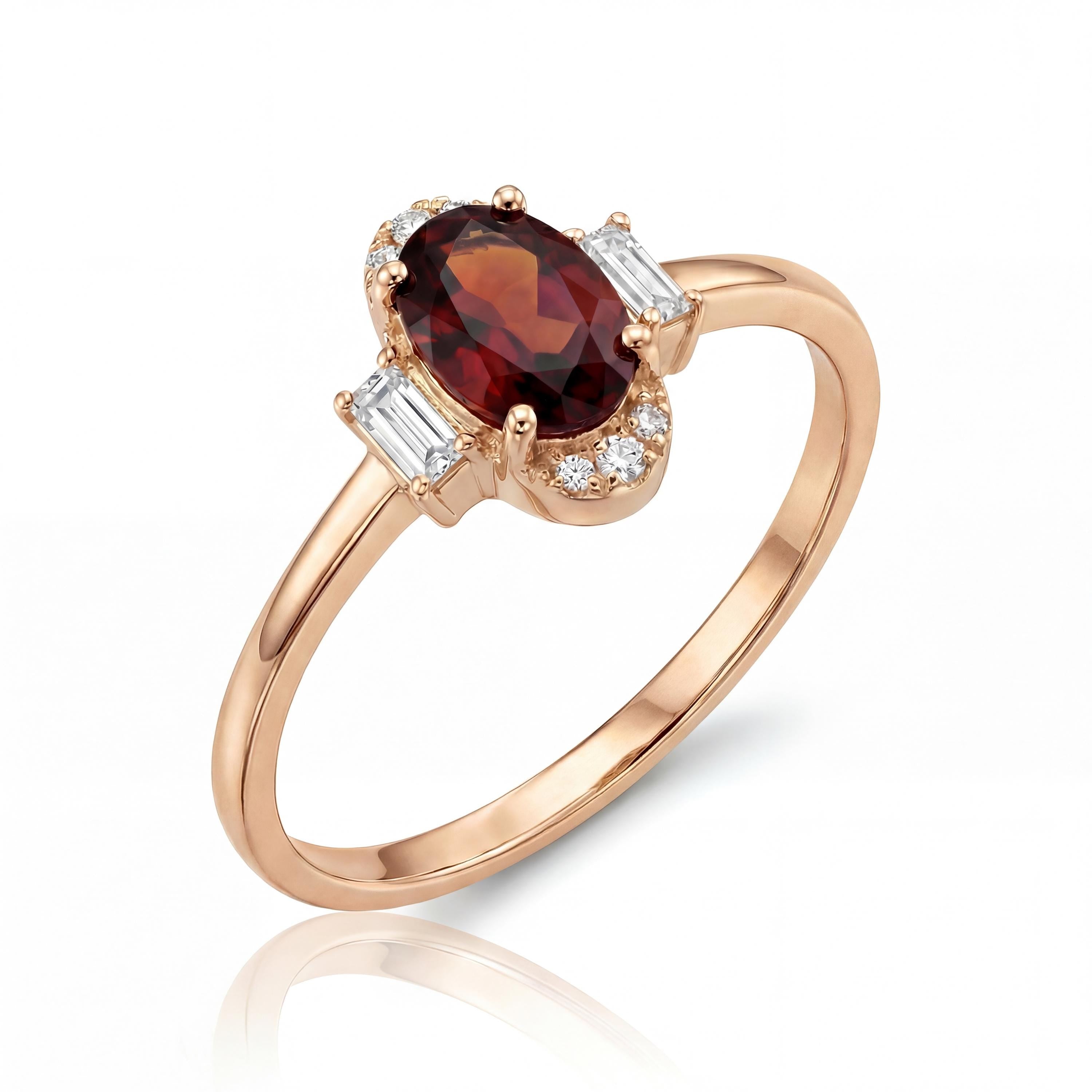 14K Solid Gold Ruby Oval Vintage Ring - Baguette Shape Stone - Handmade Fine Jewelry