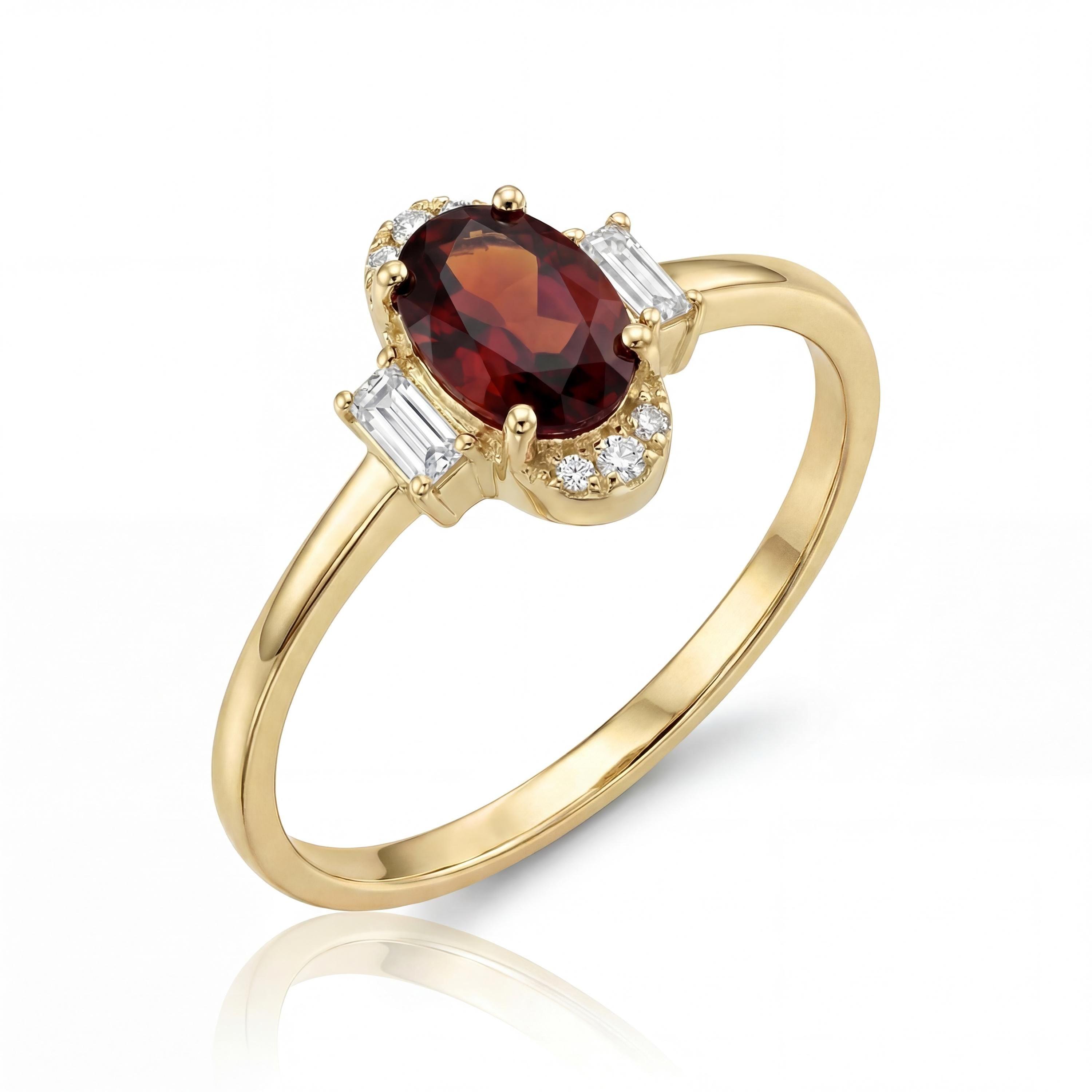 14K solid gold ruby oval vintage ring, baguette shape stone, product photo