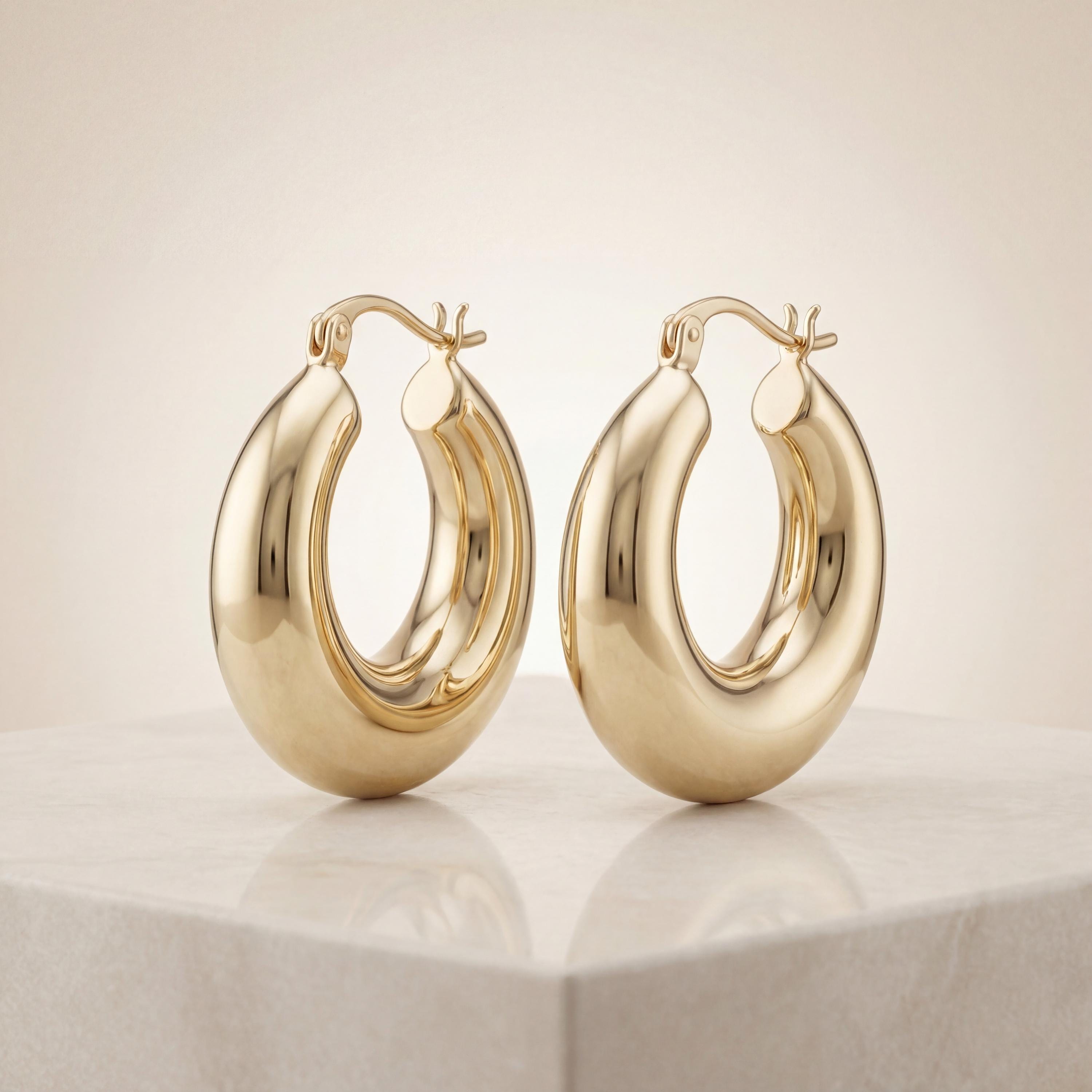 14K Solid Gold Thick Hoop Earrings, Handmade Chunky Huggie Hoops, Minimal Jewelry
