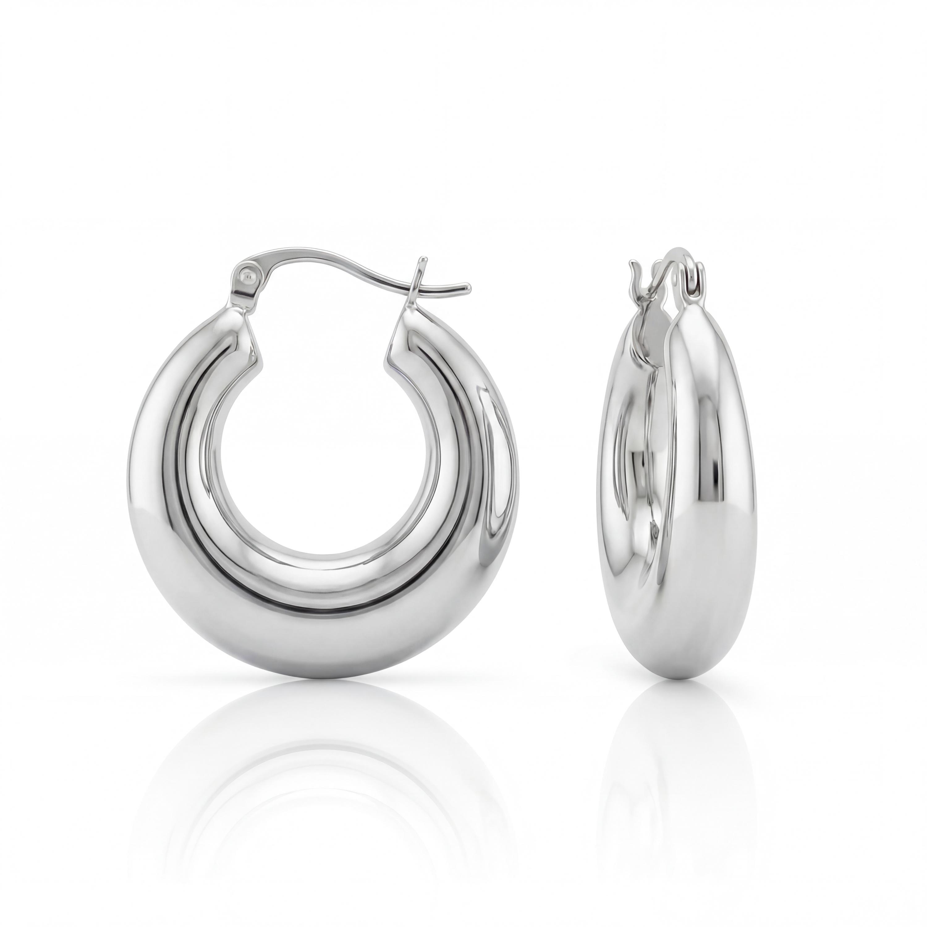14K solid gold thick hoop earrings, styled view