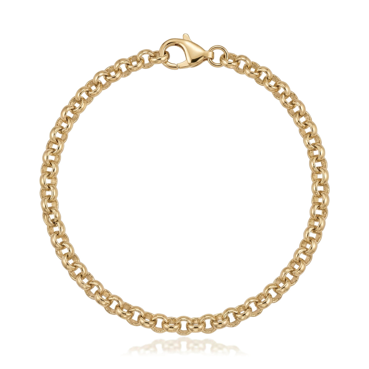 14K yellow gold rolo chain bracelet, round links closed in a circle with a lobster clasp on white