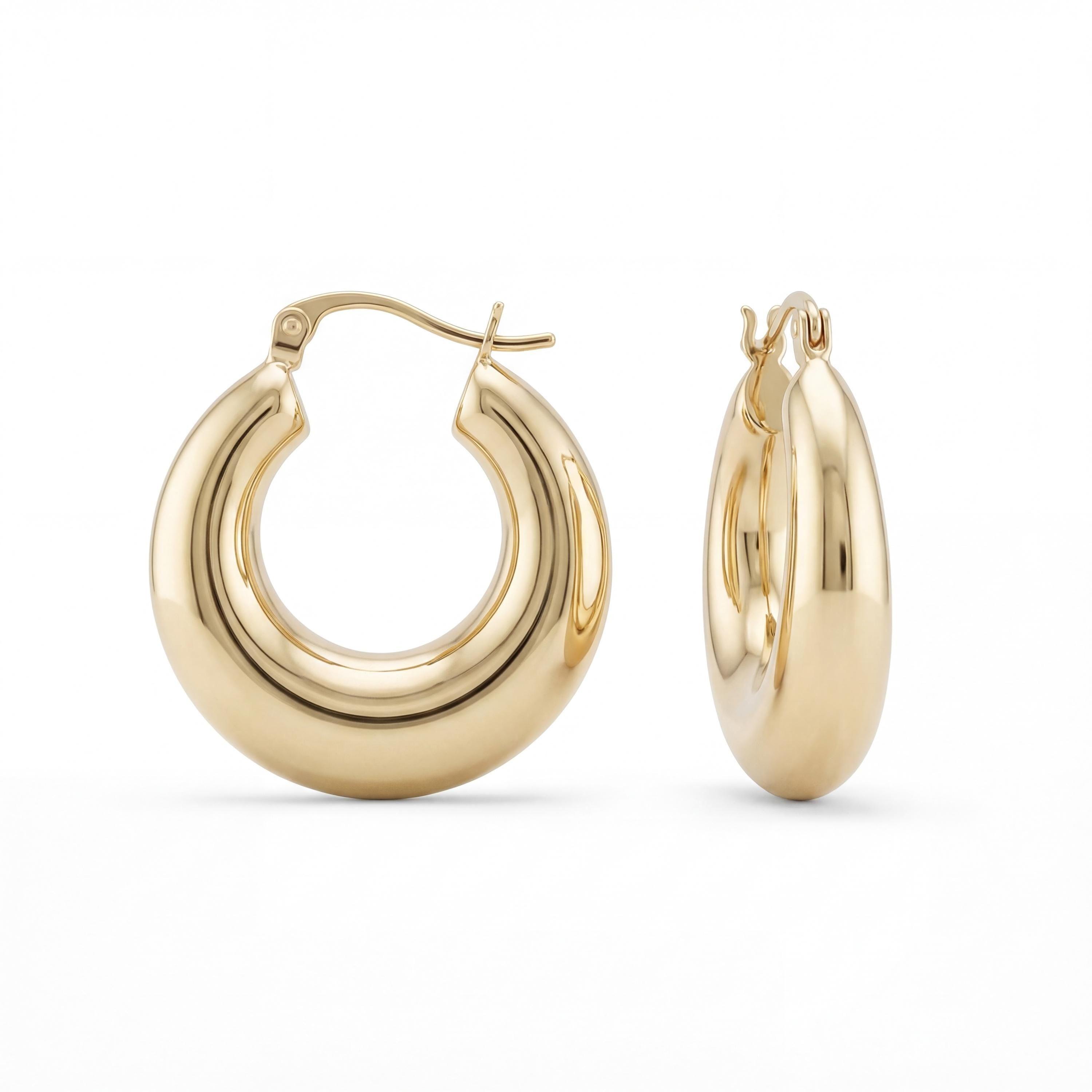 14K solid gold thick hoop earrings, chunky huggie, product photo
