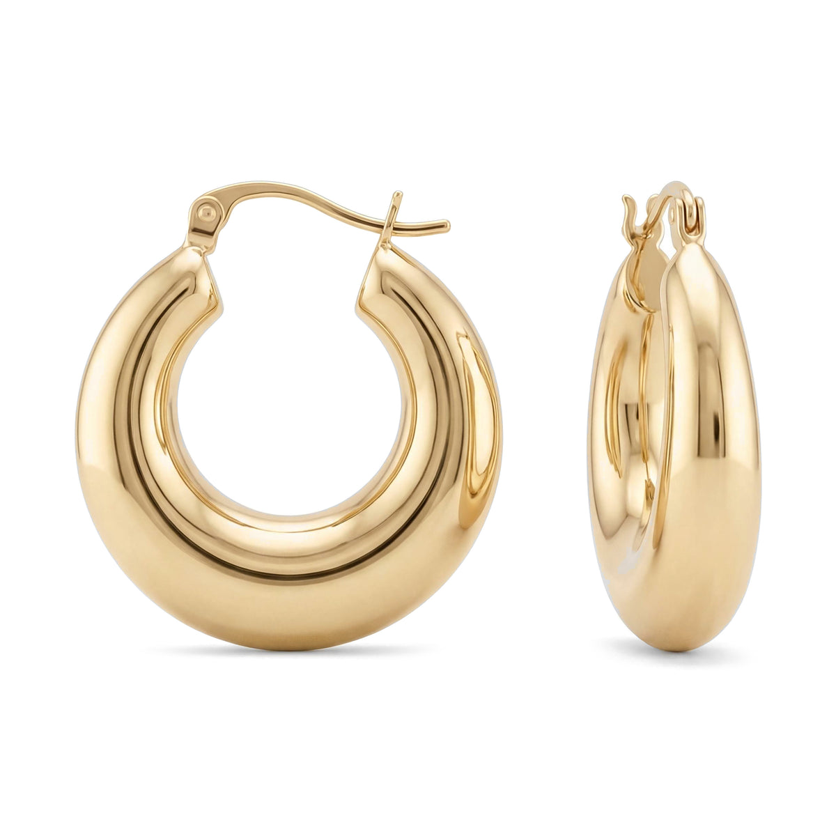 14K yellow gold thick huggie hoop earrings, chunky tube hoops shown front and side with latch back